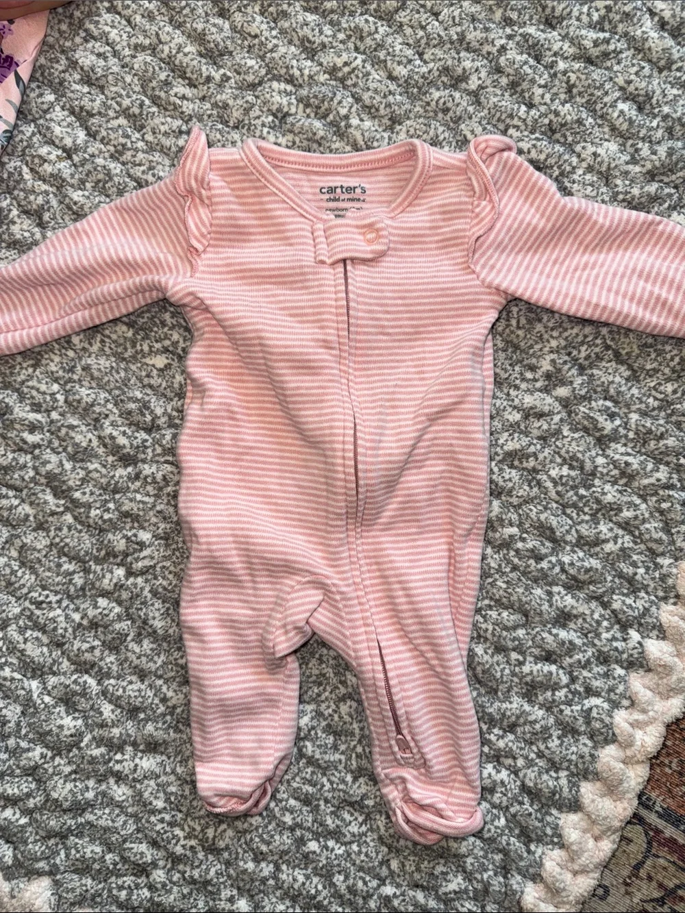 Carter's Pink and White Striped Ruffle Shoulder Footed One-Piece